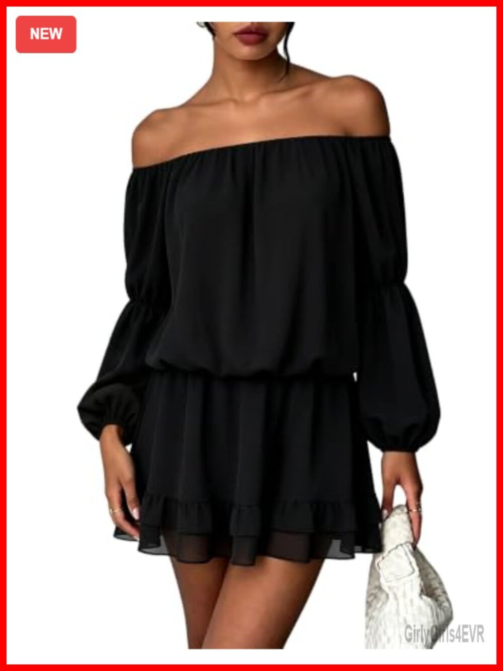 Off Shoulder Chiffon Mini Dress Long Sleeve Ruffle Smocked Waist
